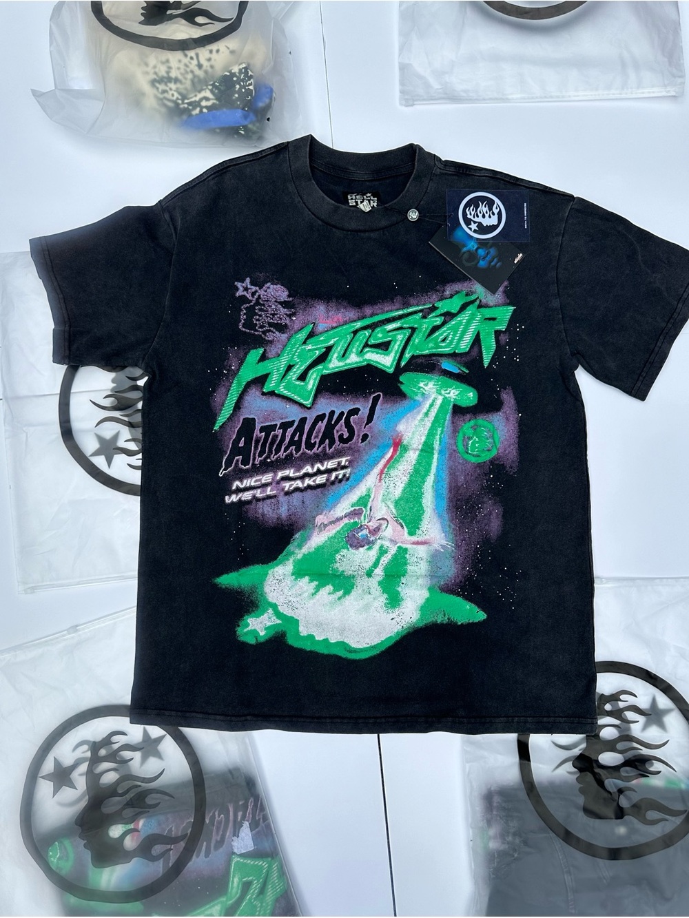 Hellstar Alien Invasion Graphic Tee - Black with Neon Green & Purple